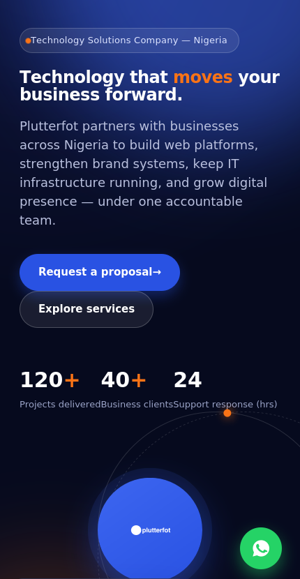 Plutterfot homepage shown on a phone screen